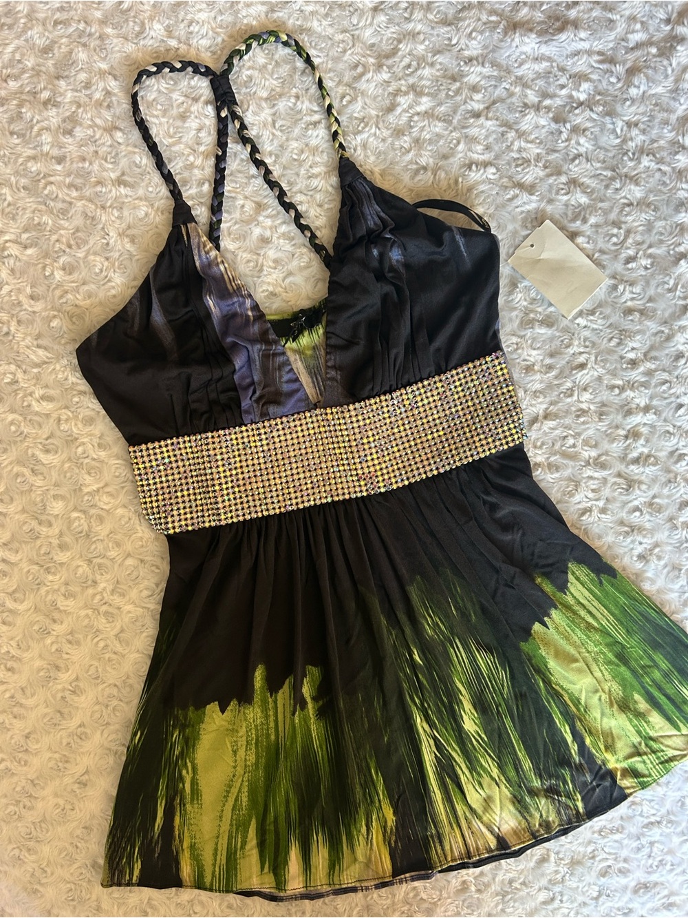 Sky Braided Halter Rhinestone Waist Tropical Print Top S